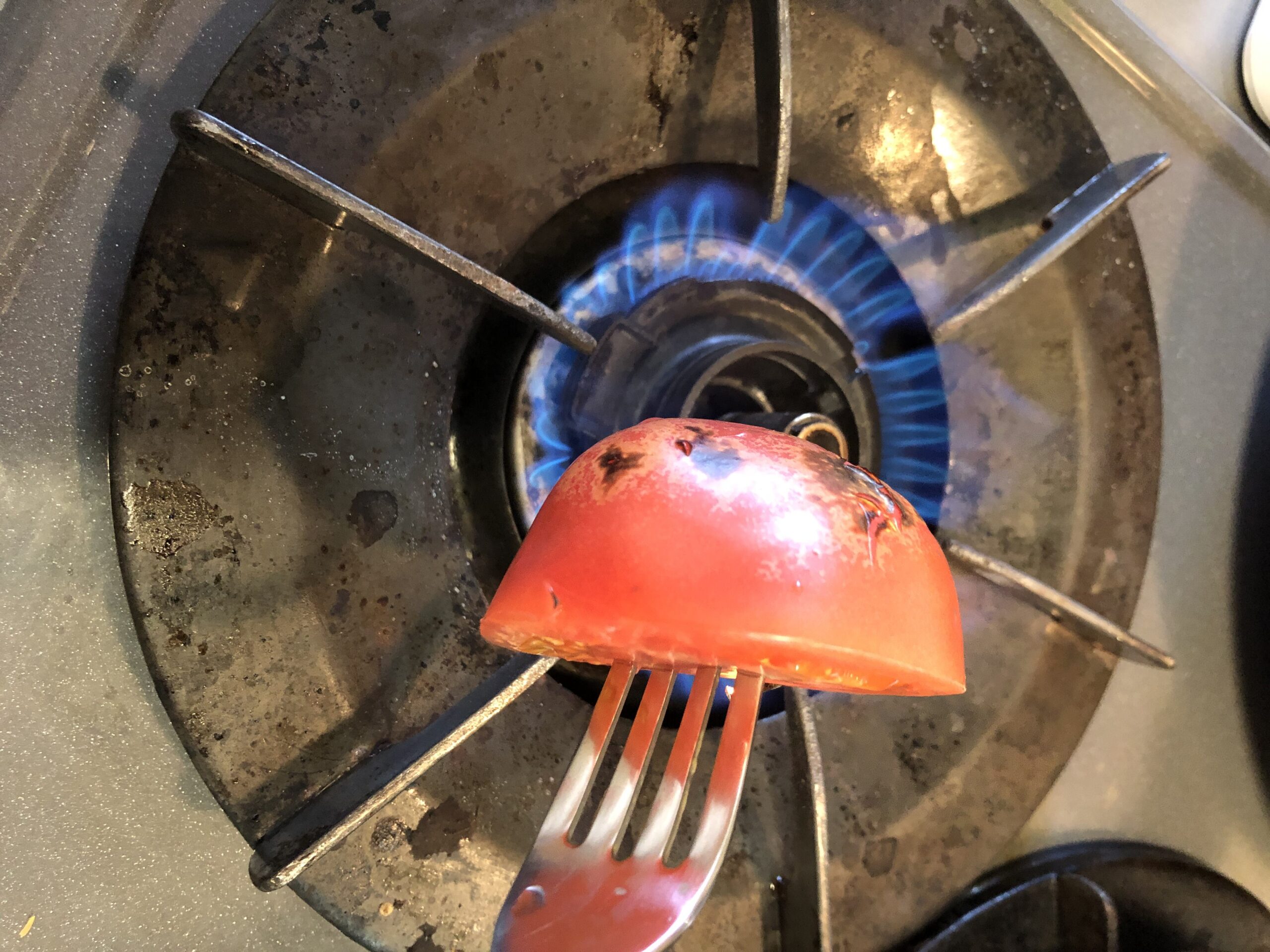 トマトをフォークで刺し皮を直火で炙っている様子の画像です